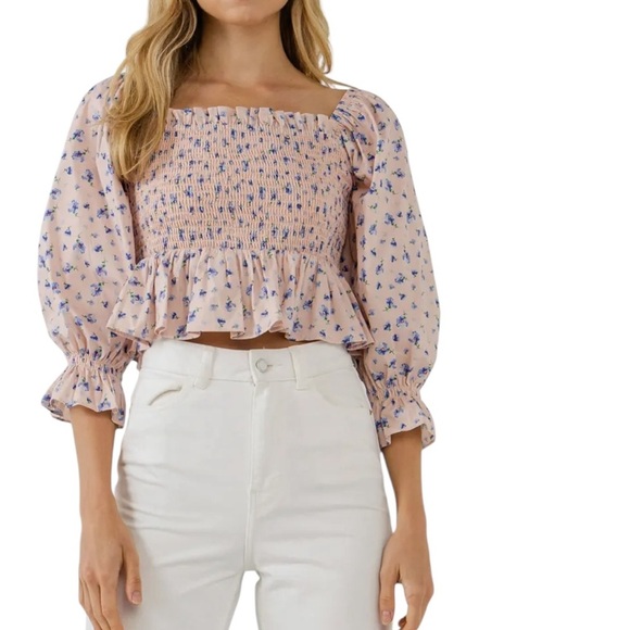 English Factory Floral Print Smocked Ruffle Top - Picture 2 of 7